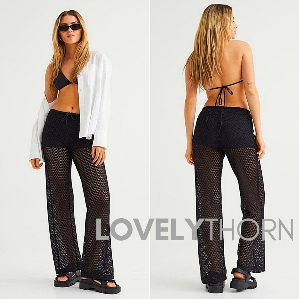 H&M // black crochet knit wide leg pull on drawstring elastic waist pants
